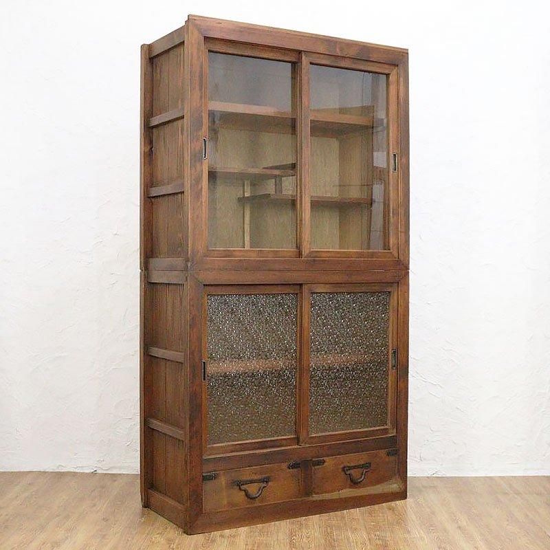 希少サイズ 細幅 緑ガラス入り 食器棚 書棚 収納棚 飾り棚 グリーン