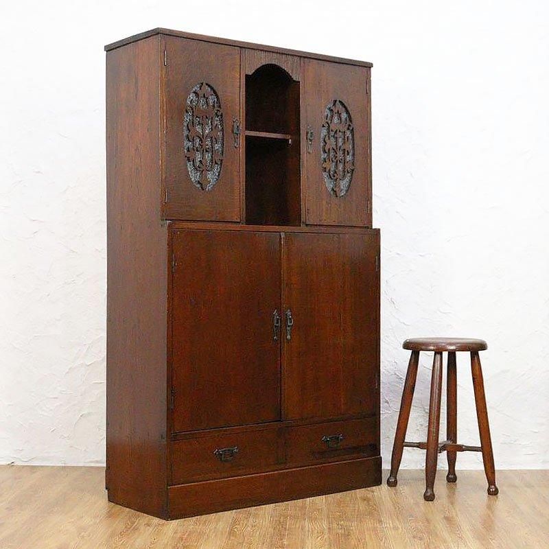 昭和初期 透かし扉キャビネット 高級ダイヤガラス収納