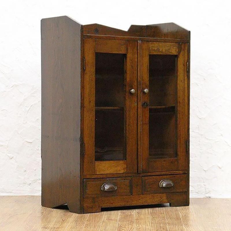 昭和レトロなアンティーク本箱｜ガラス扉と引出し5杯付きで収納力も