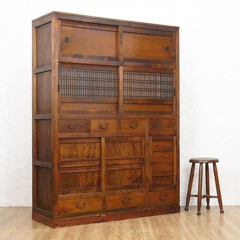 希少サイズ 四尺 格子 ダイヤガラス入り 水屋箪笥 キャビネット 食器棚