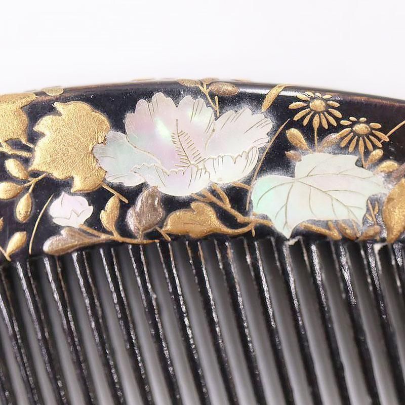 黒塗り金蒔絵 黒塗 螺鈿入り 櫛 大正時代 日本製 アクセサリー