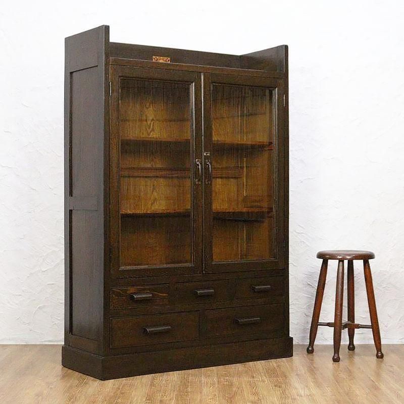 昭和レトロなアンティーク本箱｜ガラス扉と引出し5杯付きで収納力も