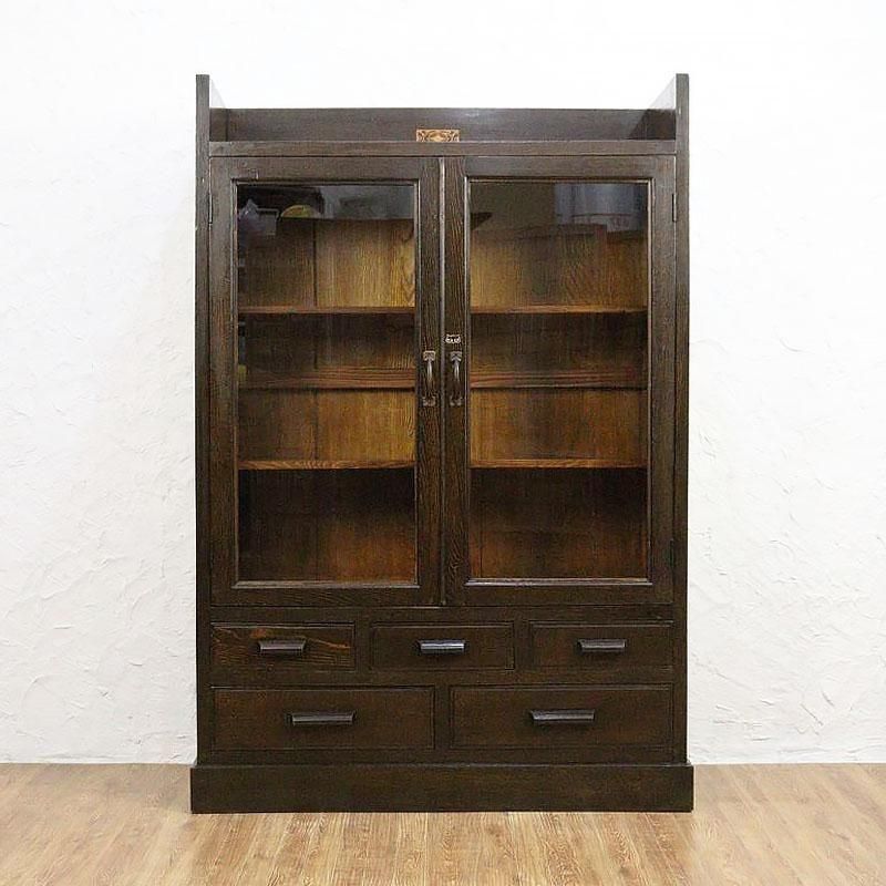 昭和レトロなアンティーク本箱｜ガラス扉と引出し5杯付きで収納力も