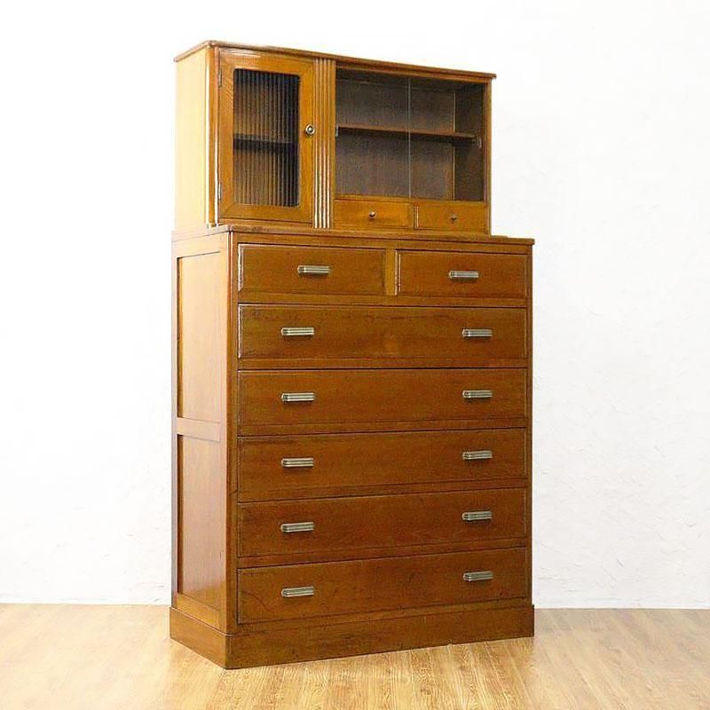 ガラス戸棚付き チェスト 昭和レトロ 日本製 収納棚