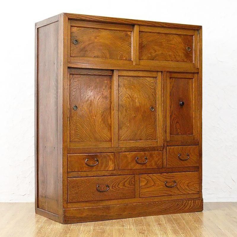 キャビネット ケヤキ材 ダイヤガラス 食器棚 昭和中期