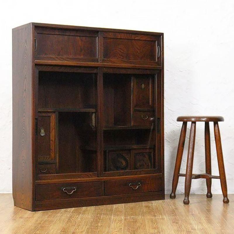 茶箪笥 薄型 ケヤキ材 大正時代頃 日本製 和家具 アンティーク