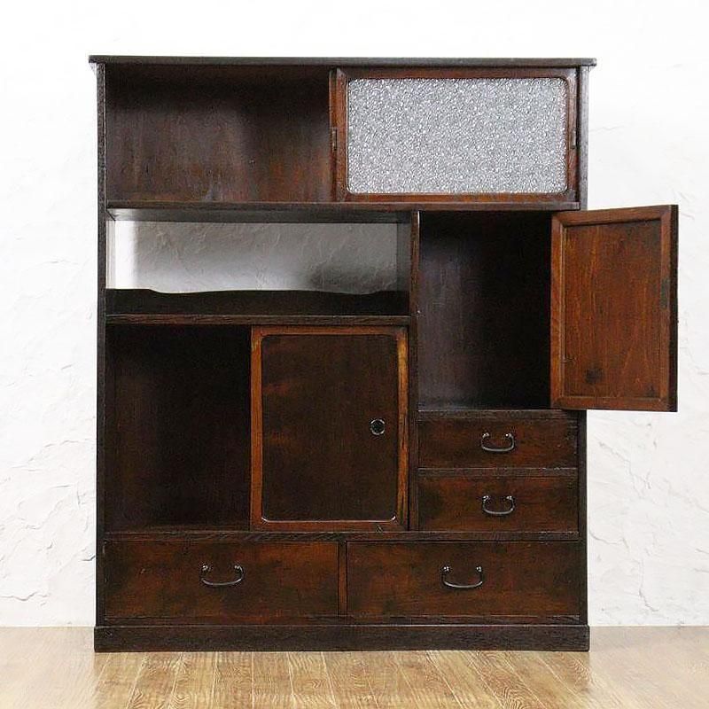 ダイヤガラス入り 茶箪笥 キャビネット 食器棚 アンティーク 骨董 和