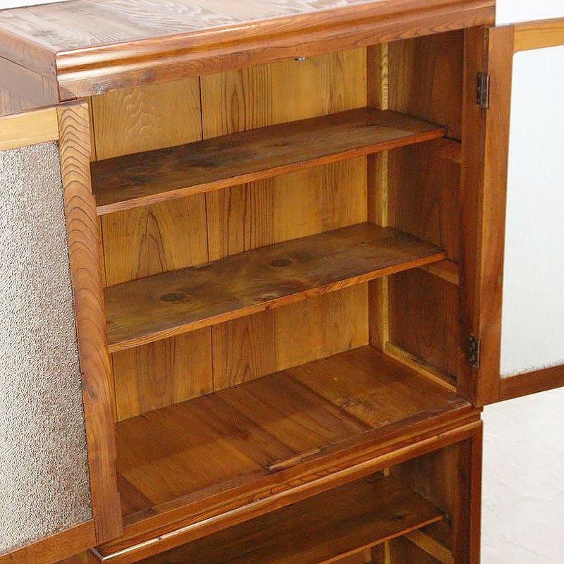 キャビネット ケヤキ材 ダイヤガラス 食器棚 昭和中期