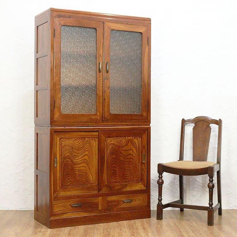キャビネット ケヤキ材 ダイヤガラス 食器棚 昭和中期
