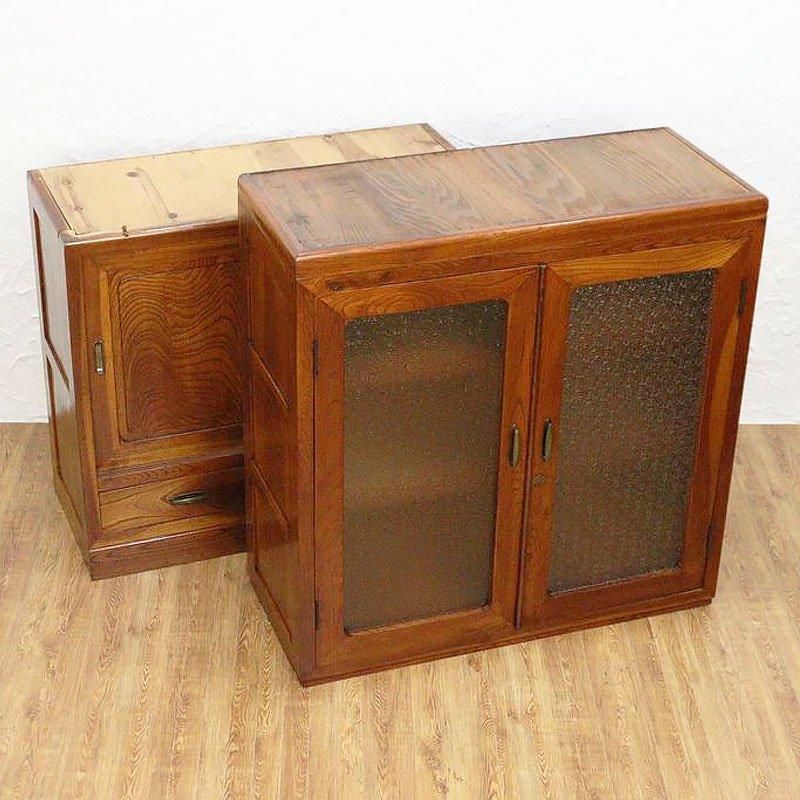 キャビネット ケヤキ材 ダイヤガラス 食器棚 昭和中期