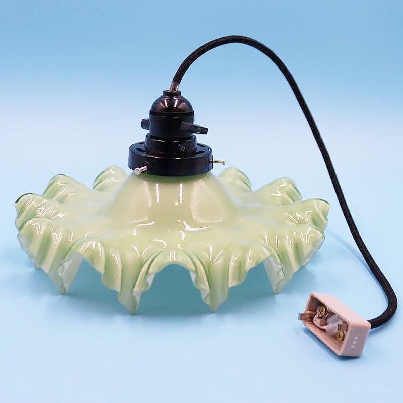 大正ロマン 電笠 ランプシェード 乳白 若草色 26.5cm