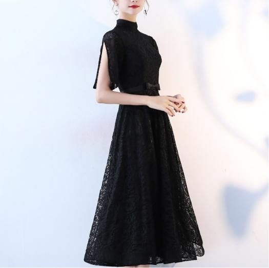 エレガント ハイネック 半袖 黒 フレア ロング ワンピース ドレス