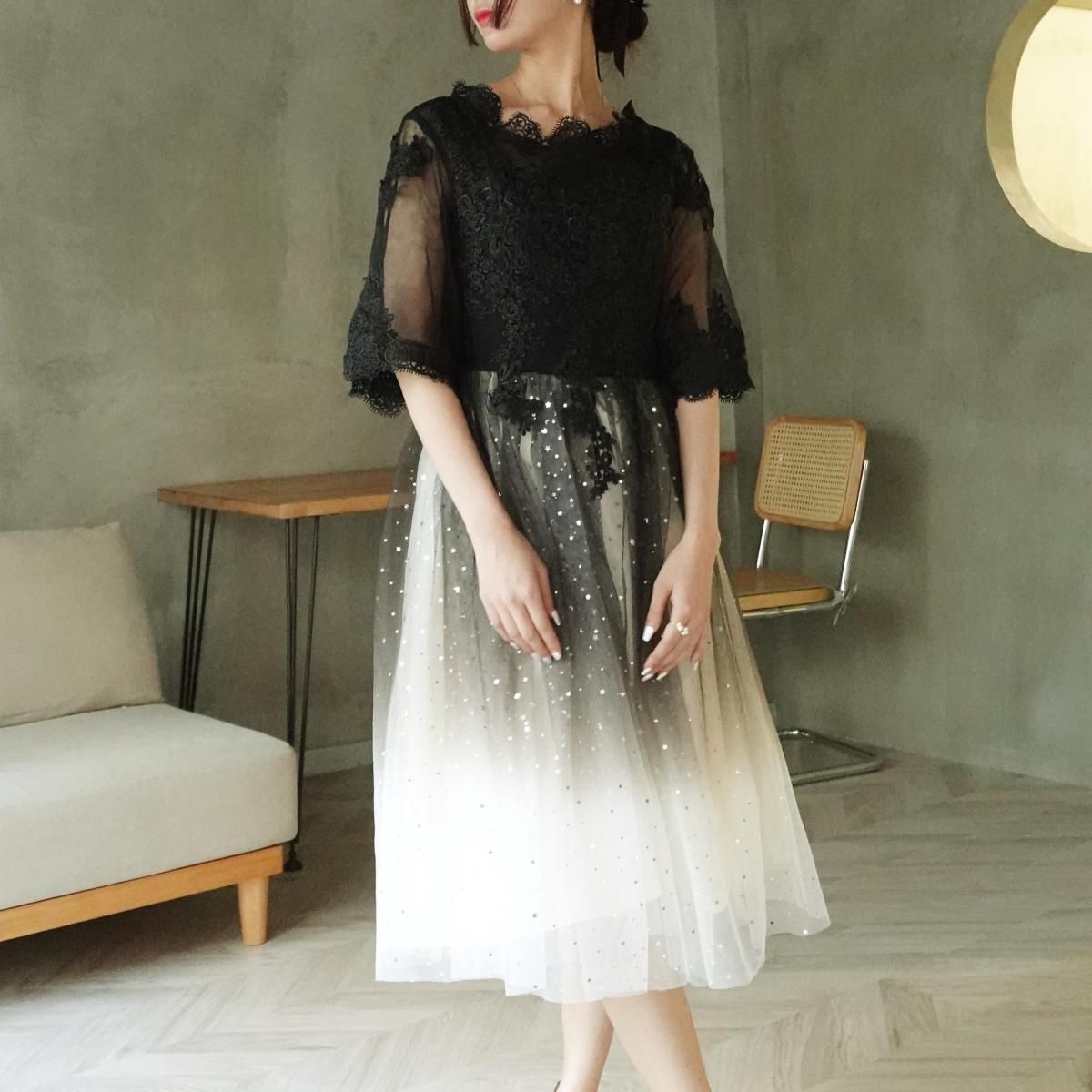 ドレス Aライン スパンコール 星柄 レース フレア袖 ハイウェスト