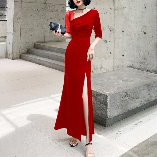 ドレス タイトドレス ロング丈 ワンショルダー ボートネック Vネック