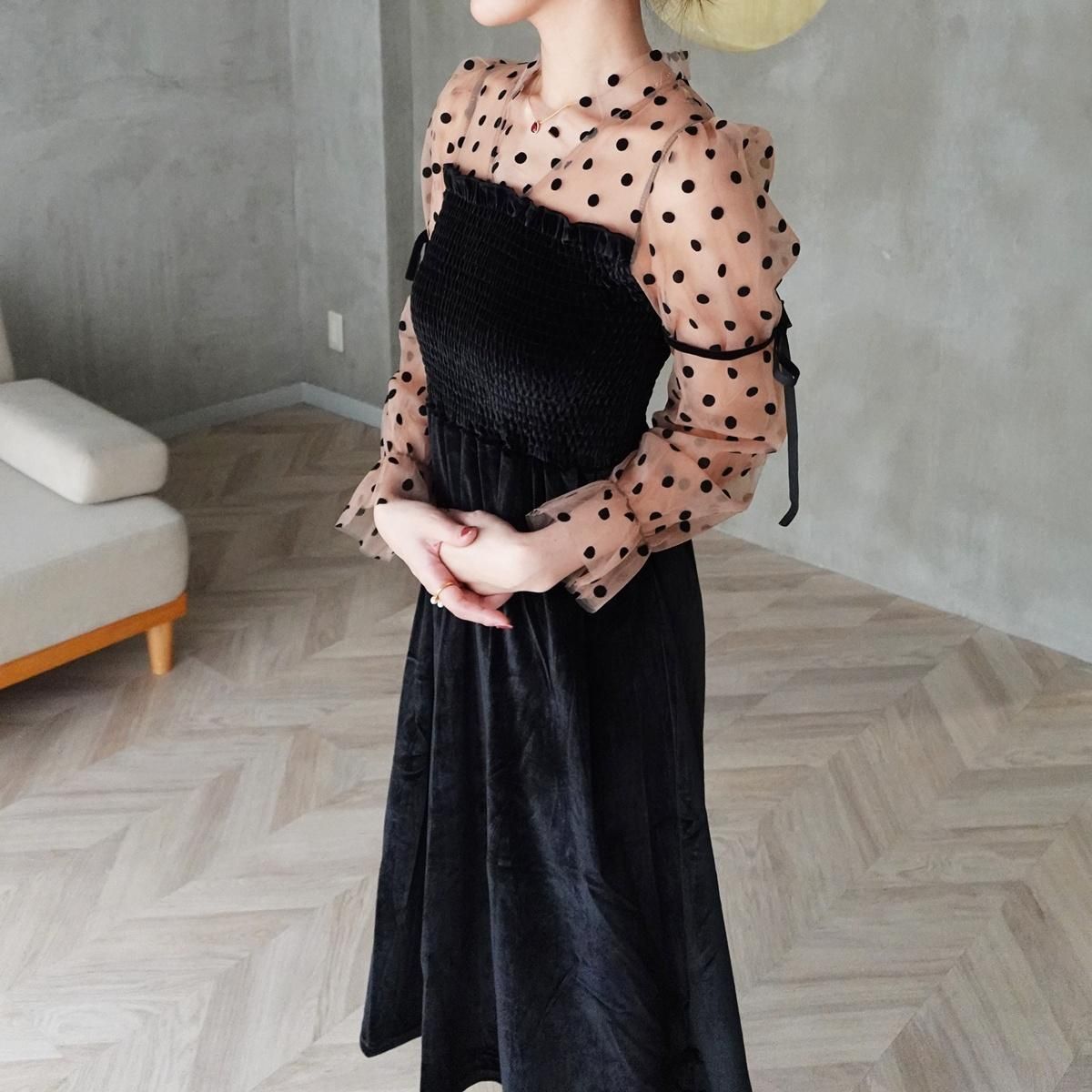 ドレス ドット柄 リボン シアー ベロア ベルベット Vネック ハイ