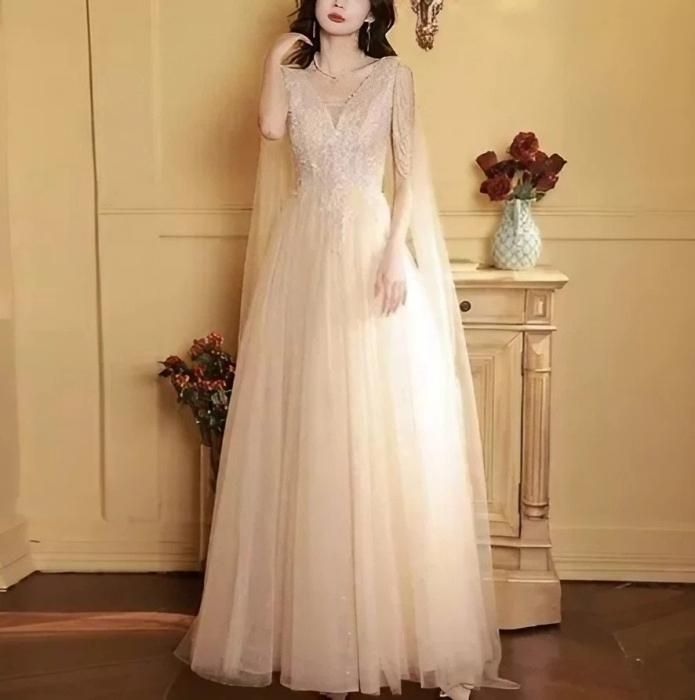 ドレス ビーズ スパンコール ベール Vネック Aライン ロング丈 ハイ