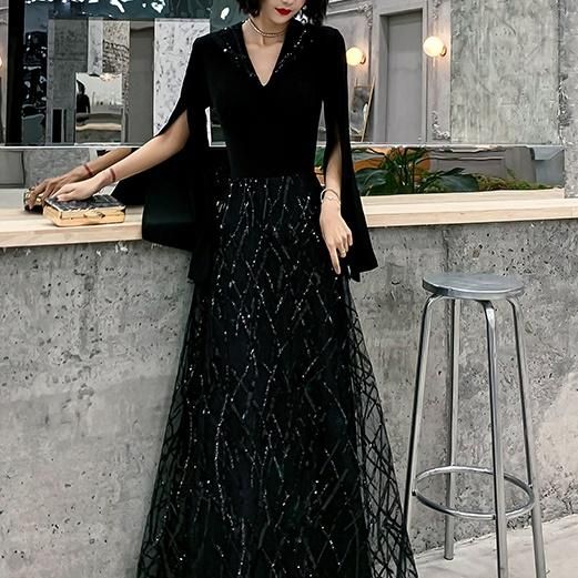 ドレス Aライン ロング イブニングドレス スパンコール Vネック ハイ