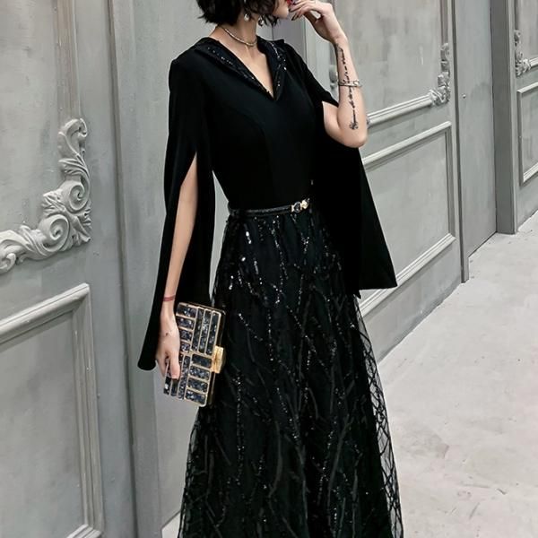 ドレス Aライン ロング イブニングドレス スパンコール Vネック ハイ