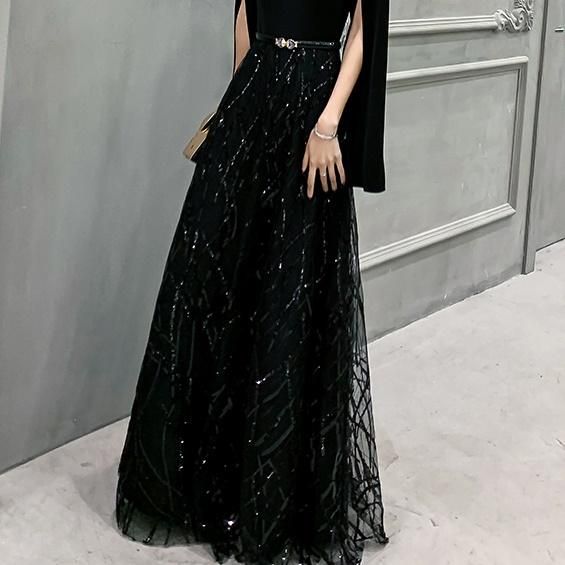 ドレス Aライン ロング イブニングドレス スパンコール Vネック ハイ