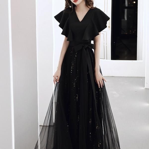 ドレス Aライン ロングドレス リボン スパンコール Vネック フリル