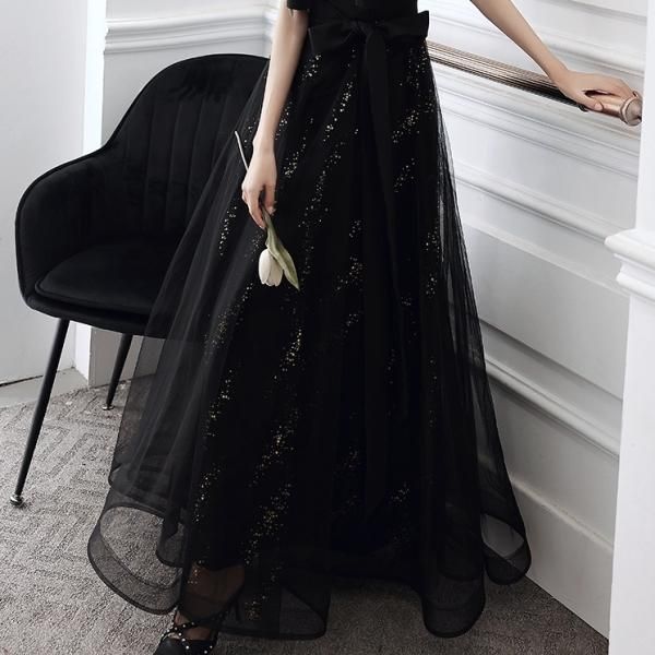 ドレス Aライン ロングドレス リボン スパンコール Vネック フリル