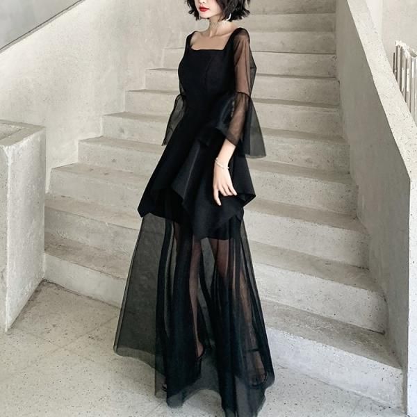 ドレス シースルー Aライン ロングドレス ボリューム袖 フリル 透け感