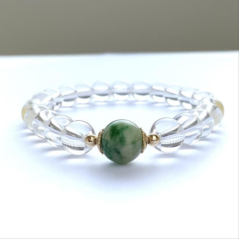 糸魚川翡翠/水晶 ブレスレット 10mm玉 (ルチルクォーツ/K18キャップ