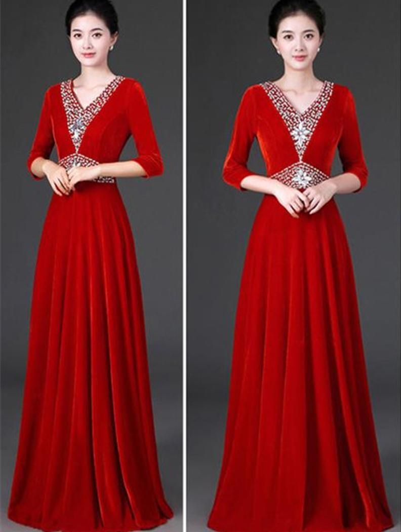 S-3XL】フィニックス＊ワインレッド長袖ビジューベロアドレス/ 演奏会