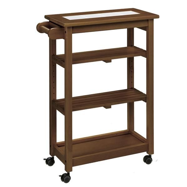 木製スリムキッチンワゴン/天板タイルトップ ダーク色 WA-S581BR