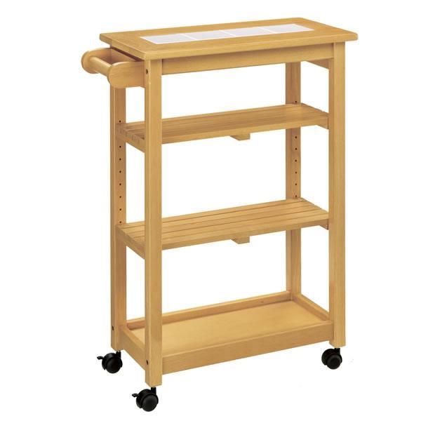 木製スリムキッチンワゴン/天板タイルトップ ナチュラル色 WA-S581NA