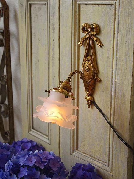 フランスアンティークリボン&薔薇レリーフローズガラスシェード1灯