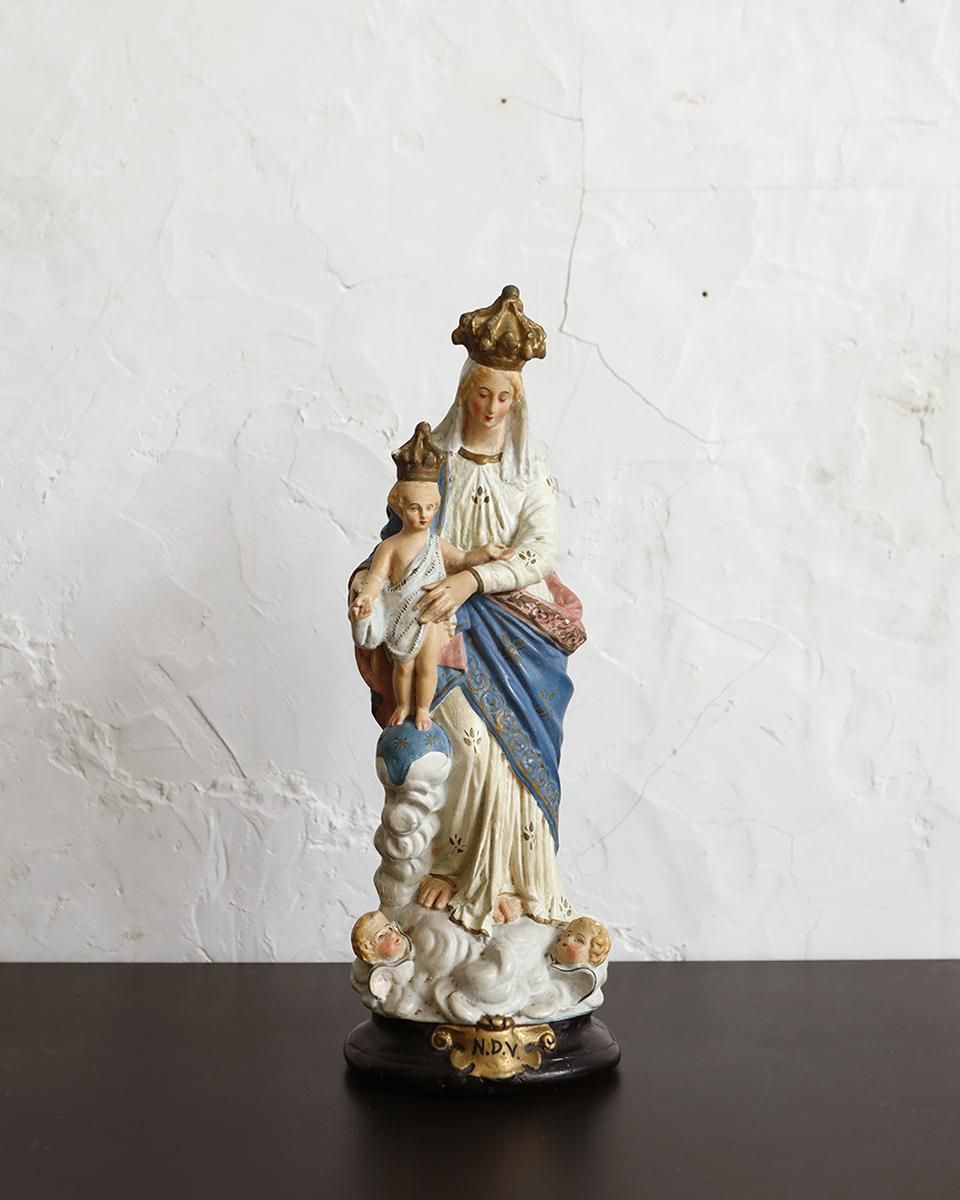 フランスアンティーク 聖母マリア様の石膏像 幼子のイエス・キリスト像