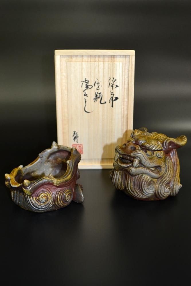 Taka 白備前焼 森脇弘行 彩色細工 手造四方宝瓶 霊芝に蟹