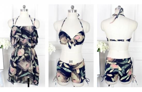 水着 ワンピース水着 ビキニ 3点セット ホルターネック リーフ柄