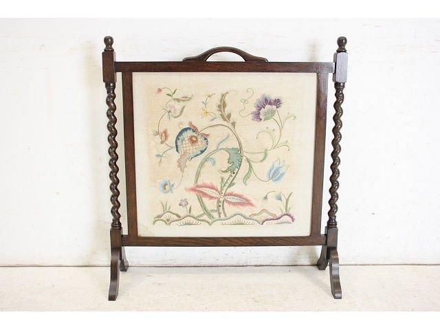 英国アンティーク ファイヤースクリーン | オーク ボタニカル刺繍