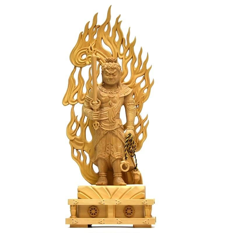 不動明王立像】 火炎光背四角台 柘植 立4.0寸 総高約24cm