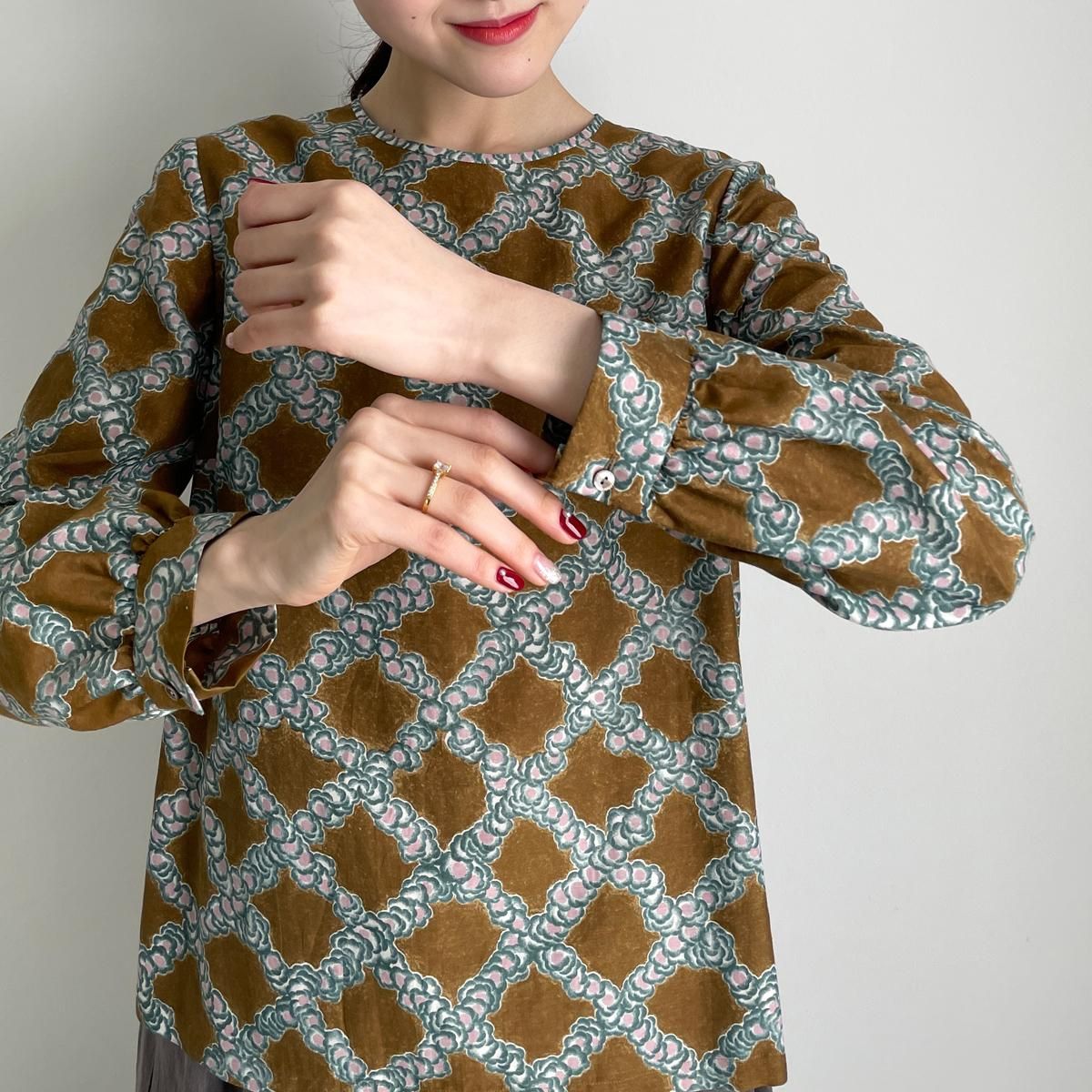 ミナペルホネン petal checkウール ロールカラーブラウス mina