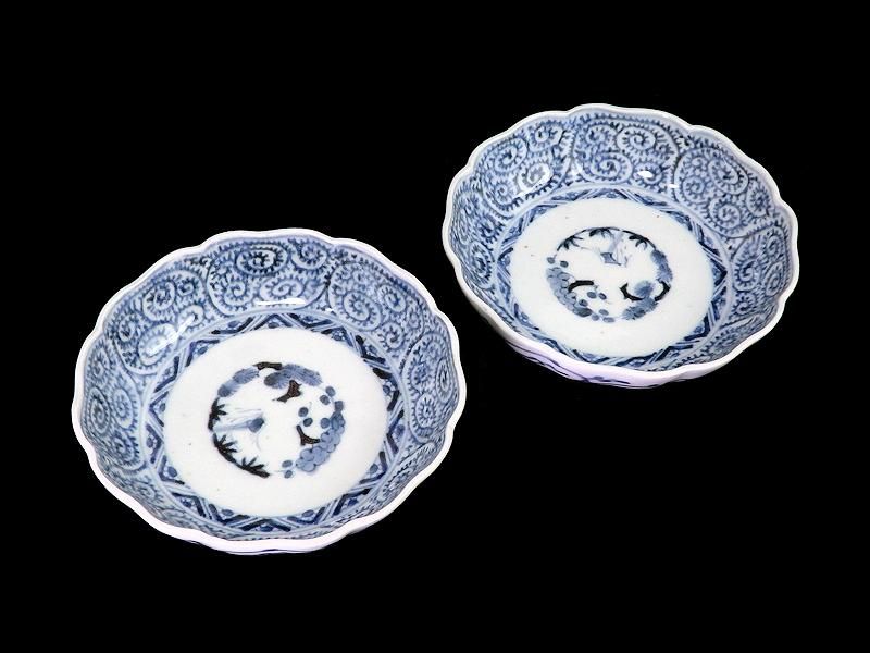 古伊万里 染付 蛸唐草に松竹梅図 膾皿 2客セット 江戸期
