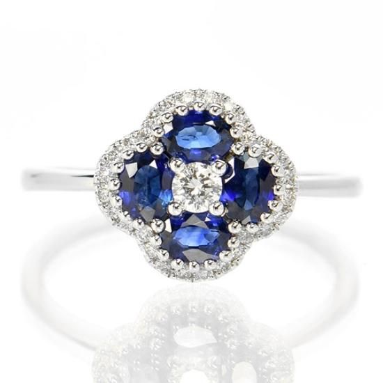 サファイア ダイヤモンド リング K18 ホワイトゴールド クローバー 四