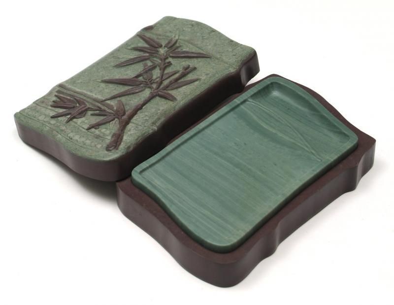 希少 宋時代 緑石 蘭亭硯 四面彫刻 稀少品 蓋・台座・共箱付 希少 宋