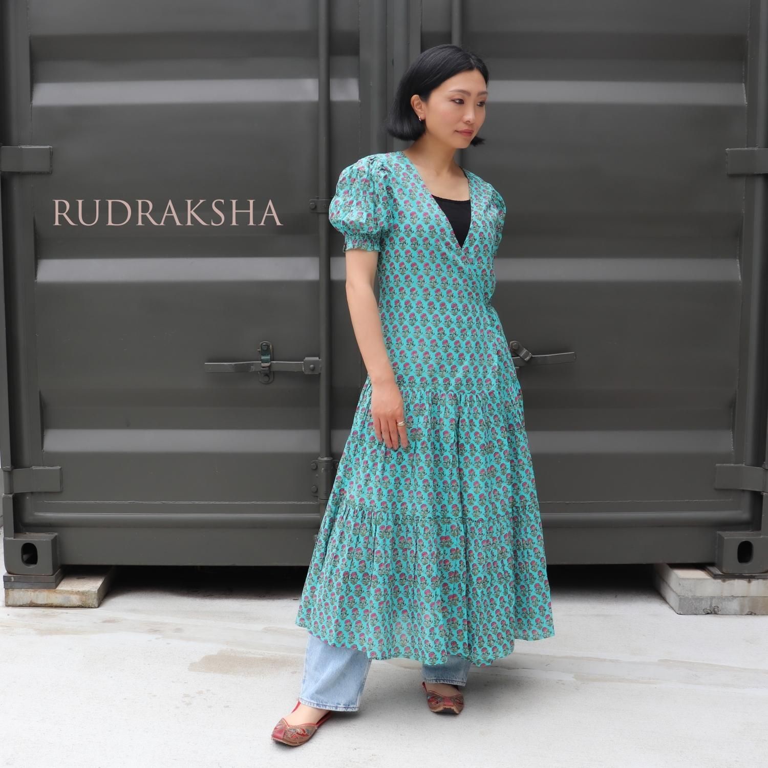 RUDRAKSHA ハンドブロックプリント インド綿カシュクールワンピース