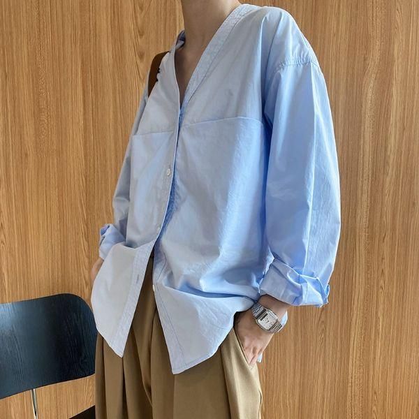 スキッパーシャツ Vネック ノーカラー ダブルポケット ビック