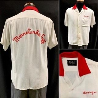 50s 赤い襟 ツートーン 切替 ボーリングシャツ 1950年代 刺繍