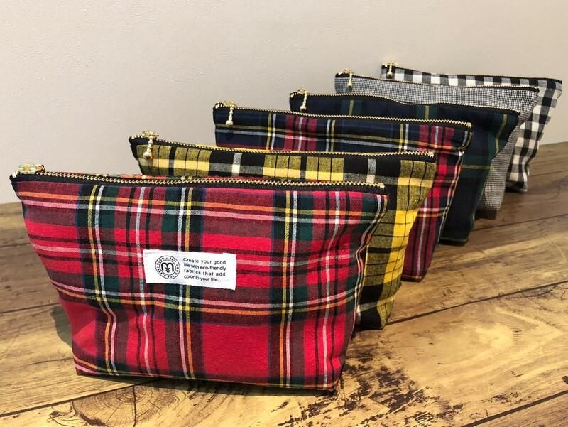 mulberry marche 播州織コットンリネンチェック マチ付きポーチ