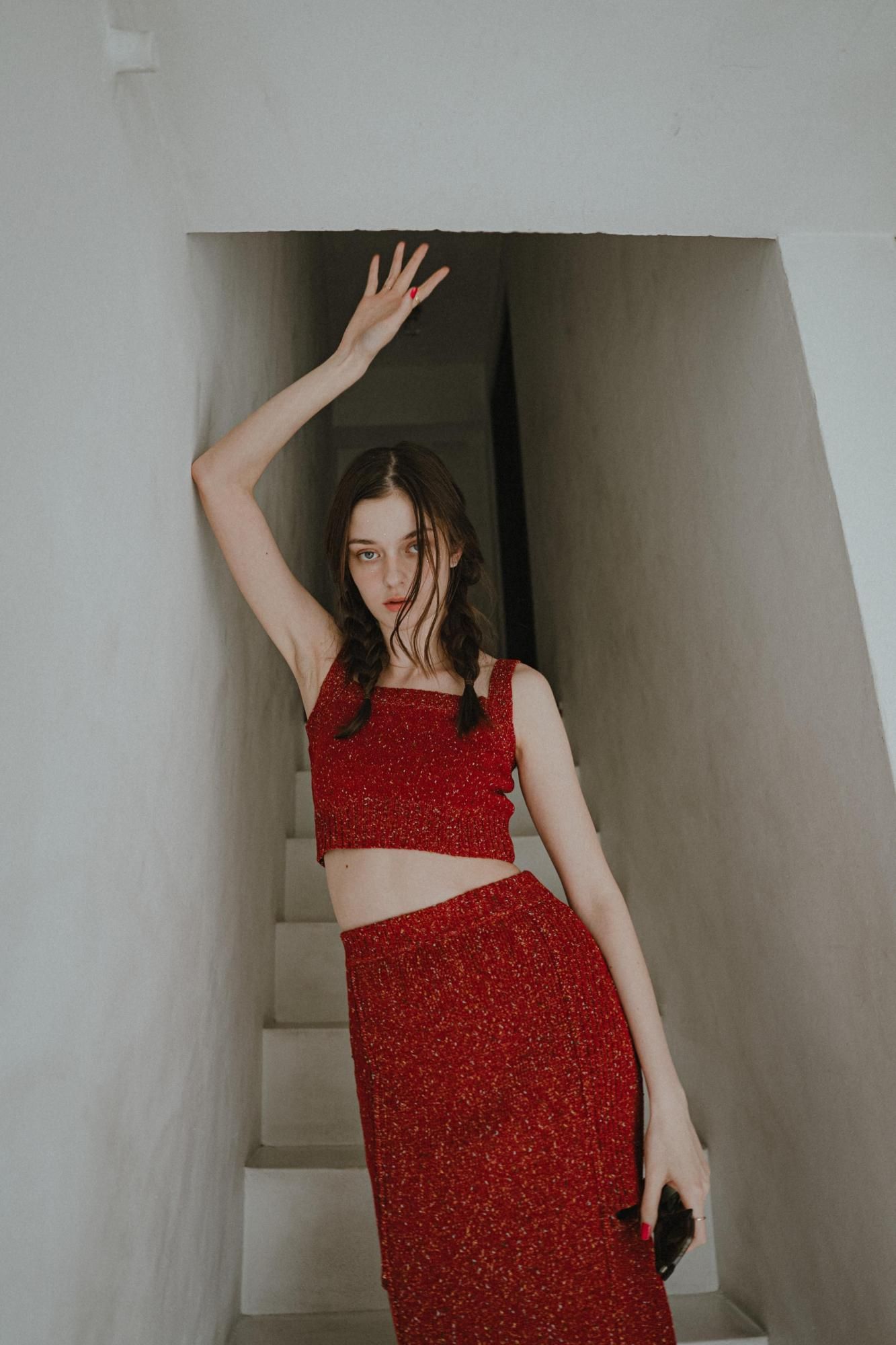 カラーネップニットセットアップ（RED） - PINUE