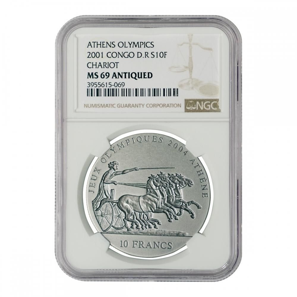 コンゴ アテネオリンピック記念貨 10フラン銀貨 2001年 NGC MS69