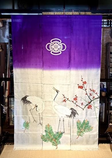 木瓜紋 夫婦鶴に梅・若松文様 アンティーク 加賀暖簾 花嫁暖簾」 - 正尚堂