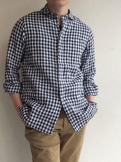 フライフロントギンガムチェックリネンシャツ(メンズL) flyfront