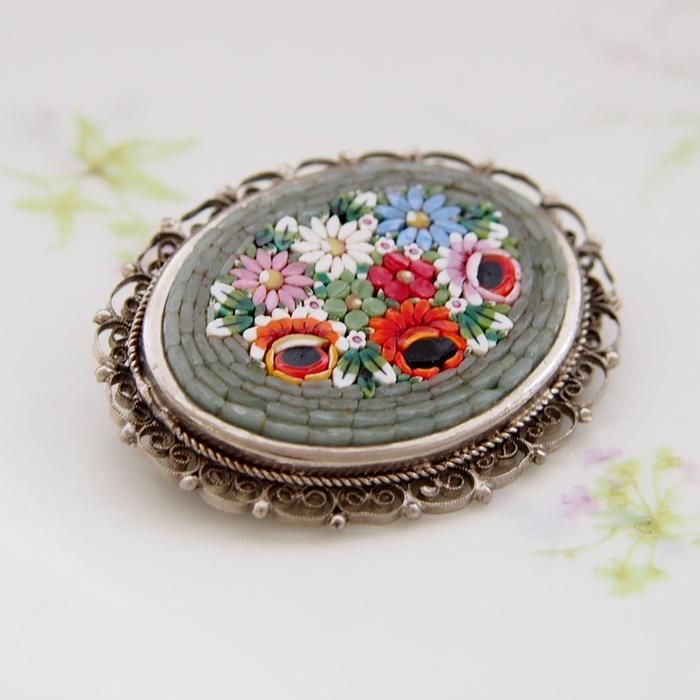 ITALY イタリア マイクロモザイク フラワー グレーオーバル ブローチ