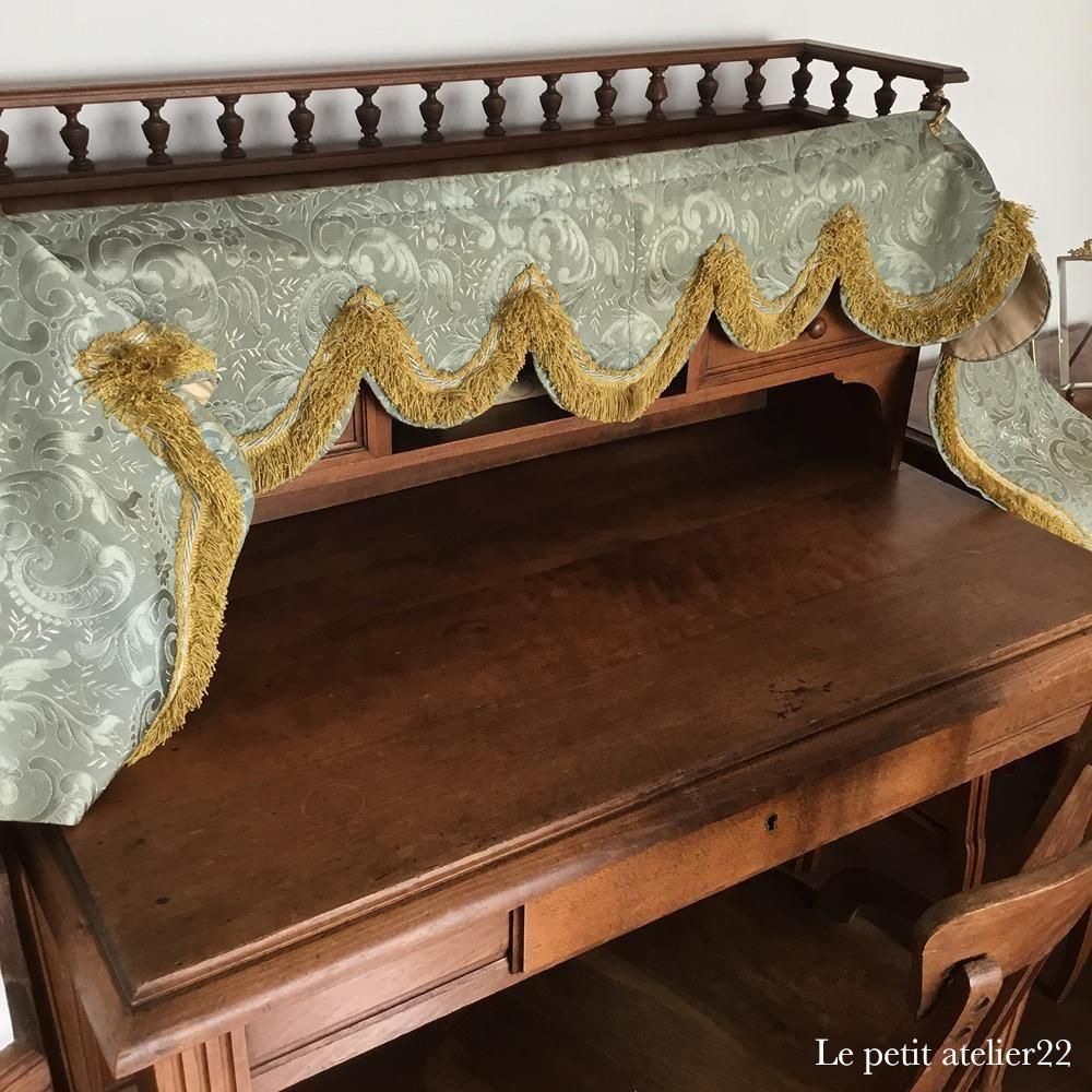 フランス アンティーク カーテンバランス ブルーグリーン&ゴールド 19